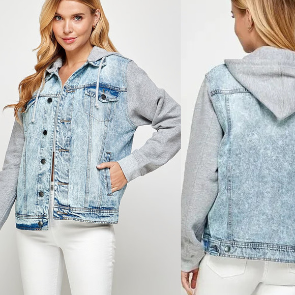 Blank NYC Hooded Fury Button Front Light Denim Jacket Blue/Gray M - Picture 1 of 10